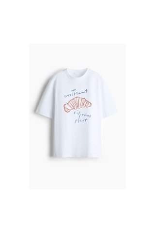 Kadın Premium Kumaş Ekru Kruvasan Baskılı Oversize T-shirt Ekru