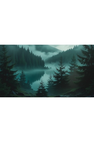 Doğa Ve Manzara Yatay Yoğun Ağaçlar Ve Gizli Göl, Sisli Vadi, Gizemli Ruh Hali Soluk Renkler 04 Çerçevesiz 90x60cm Pvc Tablo