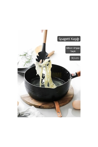 Silikon Spagetti Kaşığı Mutfak Kaşık Ahşap Saplı 31,5 Cm Siyah