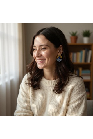 Mavi Taş Detaylı Geometrik Tasarım Küpe Çok Renkli