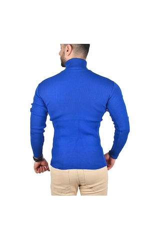 Deepsea Erkek Mavi İnce Fitilli Tam Boğazlı Balıkçı Yaka Tüylenmeyen Triko Kazak 2505498 Mavi