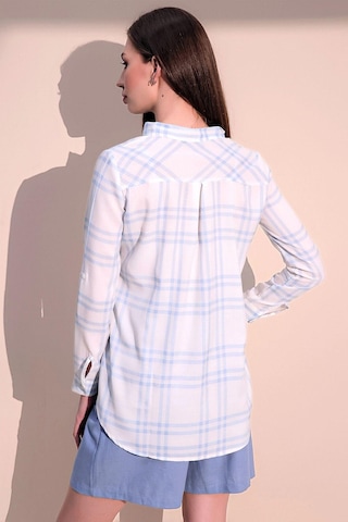 Kadın Mavi Uzun Kol Yeni Moda Ekose Desenli Tek Cep Hakim Yaka Gömlek Mavi