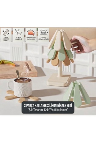 3'lü Standlı Silikon Nihale Seti Isıya Dayanıklı Bardak Ve Tencere Altı Katlanır Nihale Tencere Ve Bardak Altlığı Silikon Nihale Seti Çok Renkli