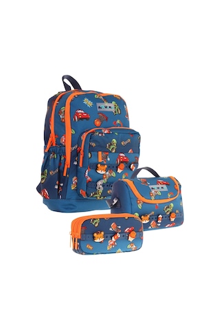 Kaukko Kids Üçlü İlkokul 1.2.3.4. Sınıf Okul Çanta Seti - Lacivert Turuncu - Erkek Çocuk - Silikon Aksesuarlı Lacivert - Turuncu
