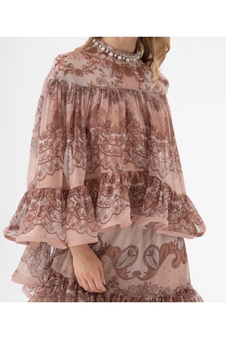 Dantel Desenli Katlı Şifon Volanlı Bluz Kahve