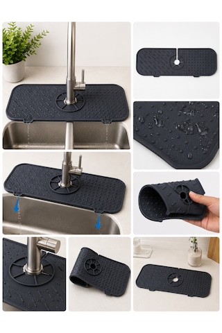 Silikon Musluk Matı Su Sıçratmaz-kaydırmaz-tahliyeli Mutfak-banyo Lavabo-sabunluk Çok Amaçlı Tezgah-evye Düzenleyici Gri