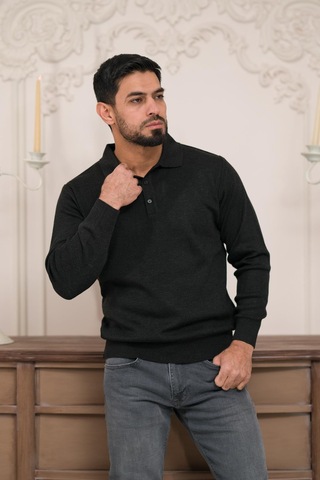 Woolen World Polo Yaka Düz Renk Yünlü Erkek Triko Kazak Antrasit