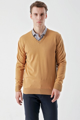 Morven Erkek Camel Basic V Yaka Dynamic Fit Rahat Kesim Triko Camel