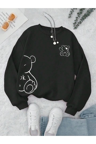 Ok Bear Sweatshirt - Siyah Baskılı Oversize Kalın Kışlık Bisiklet Yaka Siyah