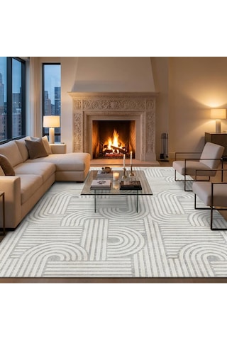 Açık Gri Modern Geometrik Desenli Dijital Baskılı Kaymaz Tabanlı Yıkanabilir Antibakteriyel Halı Açık Gri