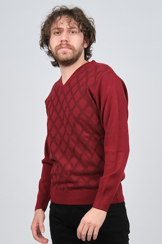 Pave Erkek V Yaka Desenli Yün Kazak 4539072 Bordo Bordo