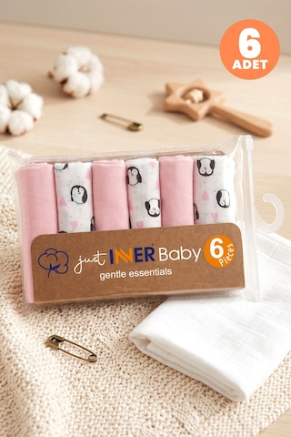 Just Inner Kız Bebek 6'lı Pamuklu Ağız Mendili Penguen Desenli Kutulu Set Nefes Alan Doku 684201 Renkli