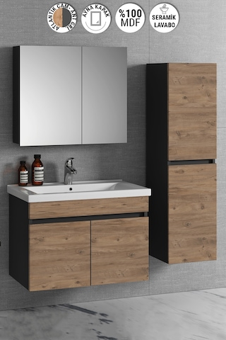 Çiğdem 80+35 Cm Antrasit Gri Mat-Atlantik Çam Mdf Seramik Lavabol Antrasit - Atlantik Çam