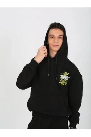 Erkek Çocuk 2 İplik Yazı Detaylı Kapüşonlu Sweatshirt-15232 Siyah