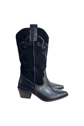 Tufan Shoes Siyah Hakiki Deri Ve Süet İşleme Detaylı Western Çizme Siyah