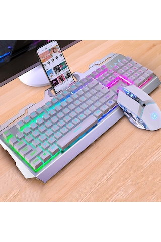 Yındıao V2 Mekanik Hissediyorum Oyun Klavyesi Fare Seti Beyaz Gökkuşağı Işığı