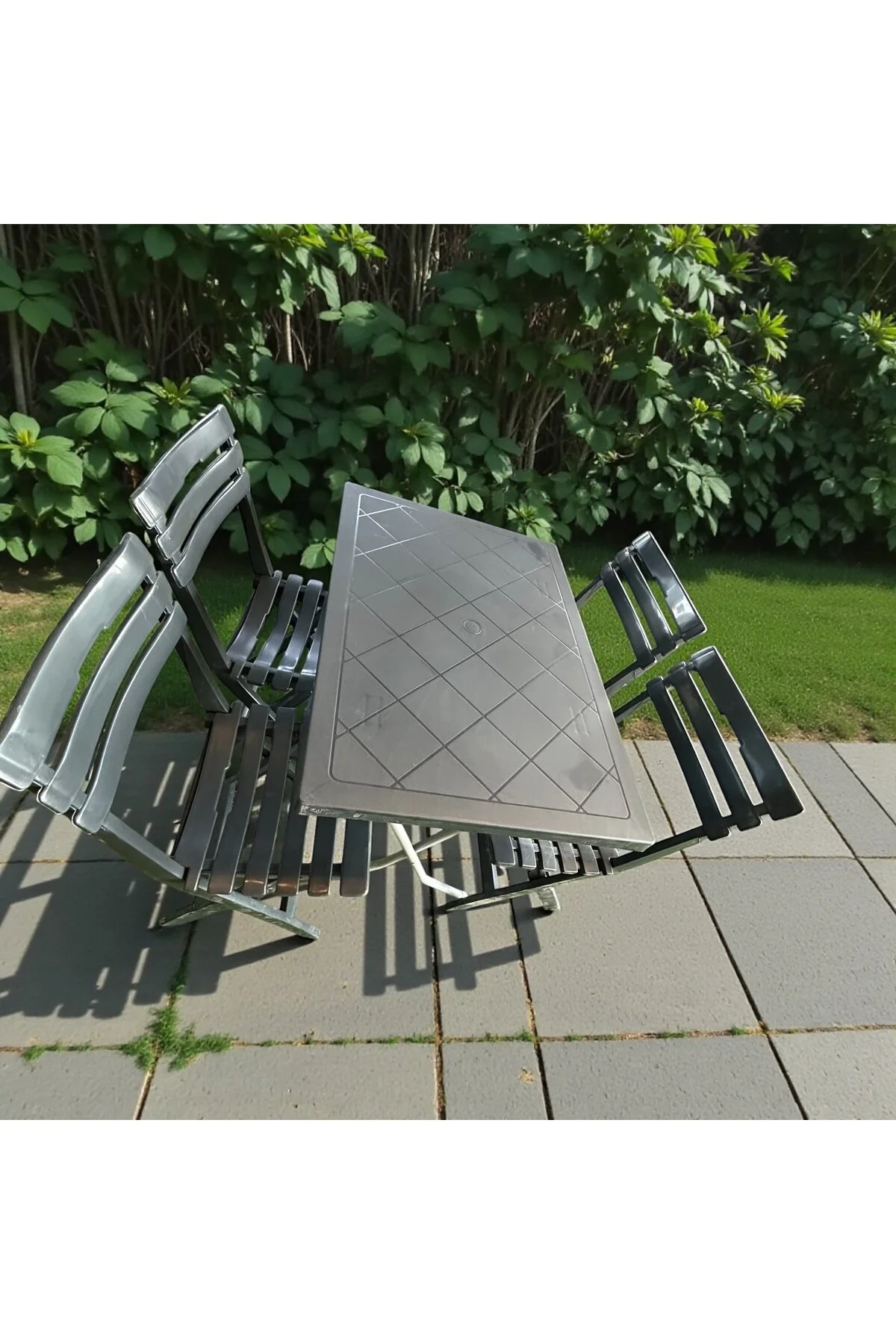 Katlanır Piknik -bahçe & Balkon Seti 60x90 Masa + 4 Katlanır Sandalye Piknik Masa Sandalye Gri - Mavi