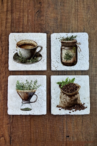 Doğal Taş Bardak Altlığı - Kahve Temalı 10x10cm Stone Coasters Çok Renkli