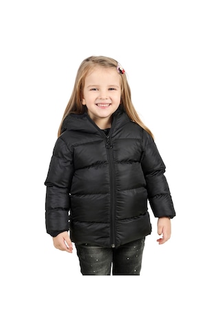 Kız Çocuk Siyah Içi Polarlı Kapüşonlu Su Geçirmez Rüzgara Dayanıklı Şişme Kışlık Mont & Kaban Siyah