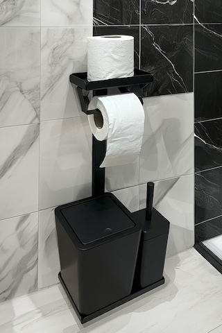 3'ü 1 Arada Banyo Seti Tuvalet Kağıtlık, Çöp Kovası Ve Tuvalet Fırça Takımı Mat Siyah