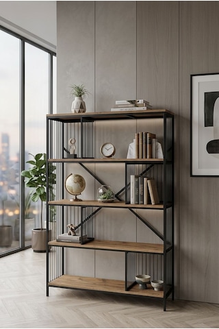 Dekoratif Lüx 5 Raflı Kitaplık Geniş Metal Kitaplık Dosya Rafı Ofis Salon Raf Ceviz