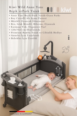 Kiwi Wildnest 3in1 Anne Yanı Park Yatak Katlanır Beşik, Tekerlekli, Yan Açılır, Müzik+oyuncak+cibinlik