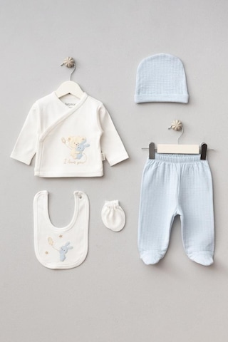 Bebitof %100 Pamuk Sarılan Ayıcık Desenli 5 Parça Yenidoğan Hastane Çıkışı Zıbın Seti Bbtf.amv.20123.46 Mavi