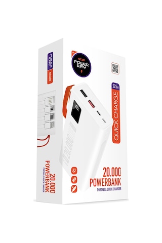 Powerway QC20 Beyaz PD 22.5W 20.000 mAh Hızlı Şarj Powerbank