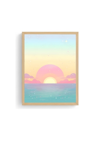 Doğal Ahşap Çerçeveli Retro Tablo - Pastel Tonlarda Gün Batımı Deniz Manzarası Huhu2510