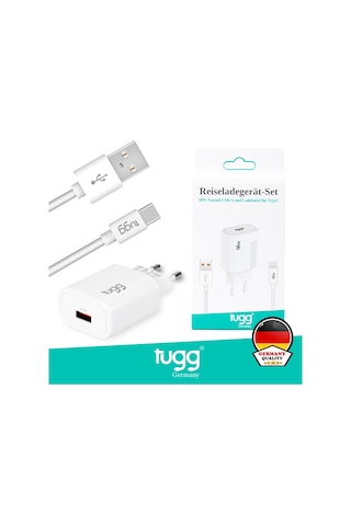 Tugg Germany 104302 18W Isı Ve Akım Korumalı Hızlı Sarj Usb + Type-c Kablolu Akıllı Şarj Başlık Seti Beyaz