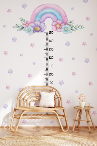 Soft Pembe Renklerde Gökkuşağı Çiçekler Ve Yıldızlar Temalı Boy Ölçer Boy Cetveli Sticker Seti Çocuk Dijital Baskı