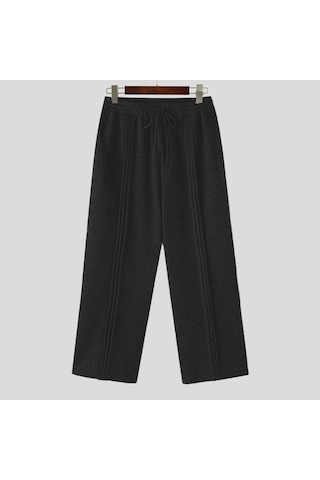 Incerun Erkek Bağcıklı Elastik Bel Kırışık Uzun Eşofman Altı Rahat Bol Spor Pantolon Siyah