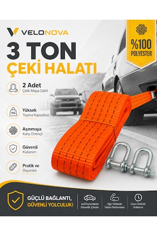 3 Ton Kırmızı Çekme Halatı 3 Metre 5 Cm Genişlik 2 Adet Çelik Mapa Dahil %100 Polyester Araç Kurtarma Halatı
