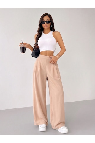 Genius Store Kadın Pantolon Scuba Krep Kumaş Beli Lastikli Cepli Pileli Geniş Paça Palazzo Pantolon Scuba-crep Bej