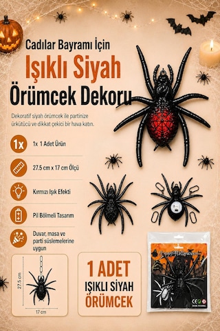 Işıklı Siyah Örümcek Dekoru Halloween Cadılar Bayramı Parti Malzemesi 27,5 X 17 Cm