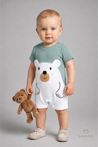 Babyden's Erkek Bebek Ayıcık Baskılı Kısa Kollu %100 Pamuk Yazlık Bebek Tulumu Yenidoğan Günlük Tulum 0-9 Ay Haki - Yeşil