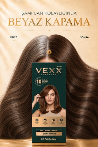Vexx Professional Beyaz Kapatıcı Pratik Boya Şampuan Açık Kestane 5.4 Amonyaksız Formül 300 Ml.