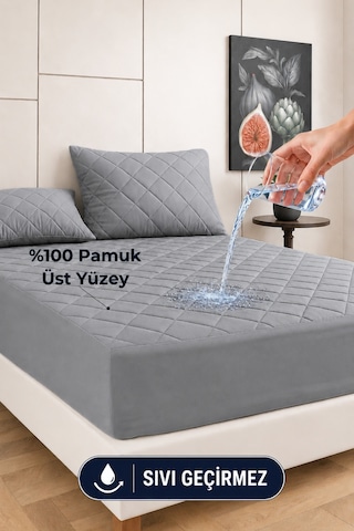 Formeya %100 Pamuk Renkli Kapitone Sıvı Geçirmez Alez Çarşaf - Gri