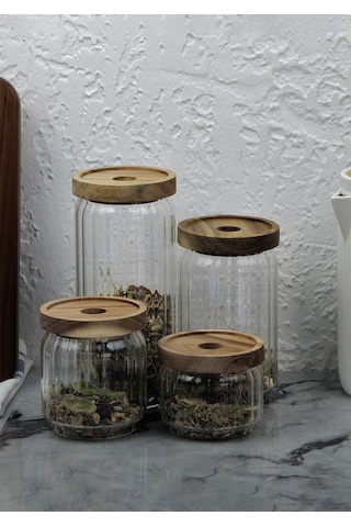 Timber Cam Kavanoz Seti - Çizgili 4'lü Saklama Kavanozu Takımı - Ahşap Kapaklı, 8 Parça