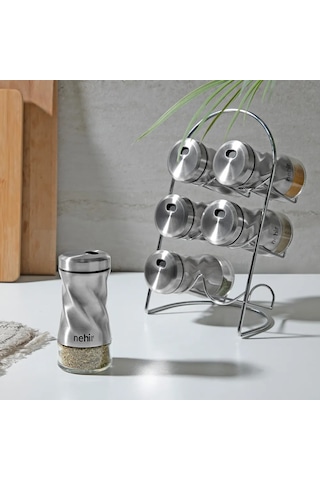 Nehir Burgulu Standlı 6 Parça Paslanmaz Çelik Baharatlık Seti