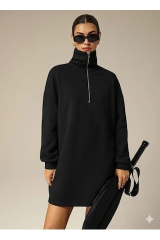 Afri 3 İplik Şardonlu Siyah Oversize Fermuarlı Tunik Sweatshirt - Günlük Spor Elbise Siyah