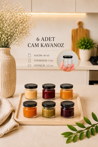 6 Adet 40 Ml Metal Kapaklı Şeffaf Numune Mama Ek Gıda Şekerleme Reçellik Küçük Cam Kavanoz Siyah