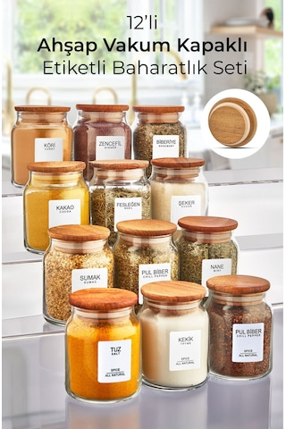 Myrina Etiketli 12'li Ahşap Vakumlu Kapaklı Baharatlık Takımı 300ml X12 Şeffaf