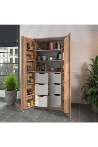 90 Derece Açılabilir 2 Kapaklı, 6 Çekmeceli, Kavanoz Raflı Kiler Ve Erzak Mutfak Dolabı Atlantik Çam