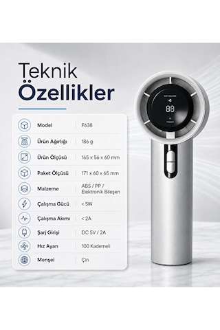 100 Kademeli Dijital Göstergeli Şarjlı El Tipi Fan Taşınabilir Mini Masaüstü Fan Gri