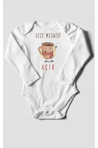 Gece Mesaisi Açık Baskılı Bebek Zıbını Çıtçıtlı Body %100 Pamuk Uzun Kol Beyaz