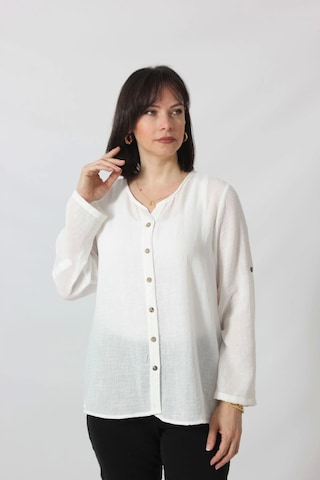 Moda Berray Bb-0269 Keten Kolu Apoletli Sıfır Yaka Büyük Beden Beyaz Gömlek Beyaz