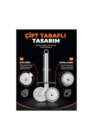 Paslanmaz Çelik Çift Taraflı Pizza Ve Hamur Kesici Metal Ravioli, Börek Ve Kurabiye Kesme Ruleti Gri