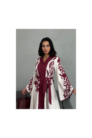 Wellway Atlas Kumaş Mendil Kol Çiçek Desenli Elbise Kemer Dahildir -bordo-2507 Bordo