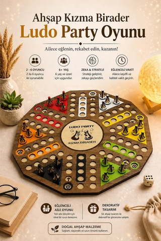Ahşap Ludo Oyunu Kızma Birader - 6 Kişilik Premium Masa Oyunu